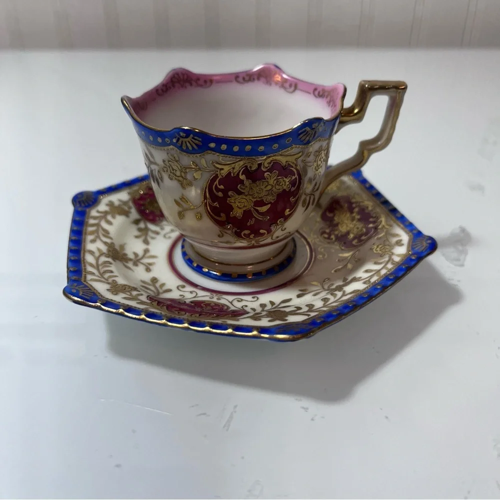 Japanese Ornate Gilt Porcelain Tea Cup & Saucer - Pink, Blue, Gold miniature